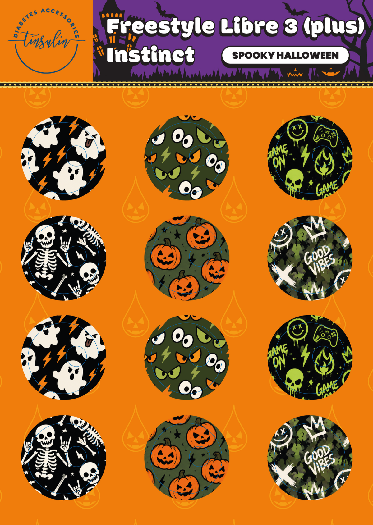 Autocollants pour capteurs Freestyle Libre 3 / 3 Plus / Instinct – Halloween effrayant (12 autocollants)