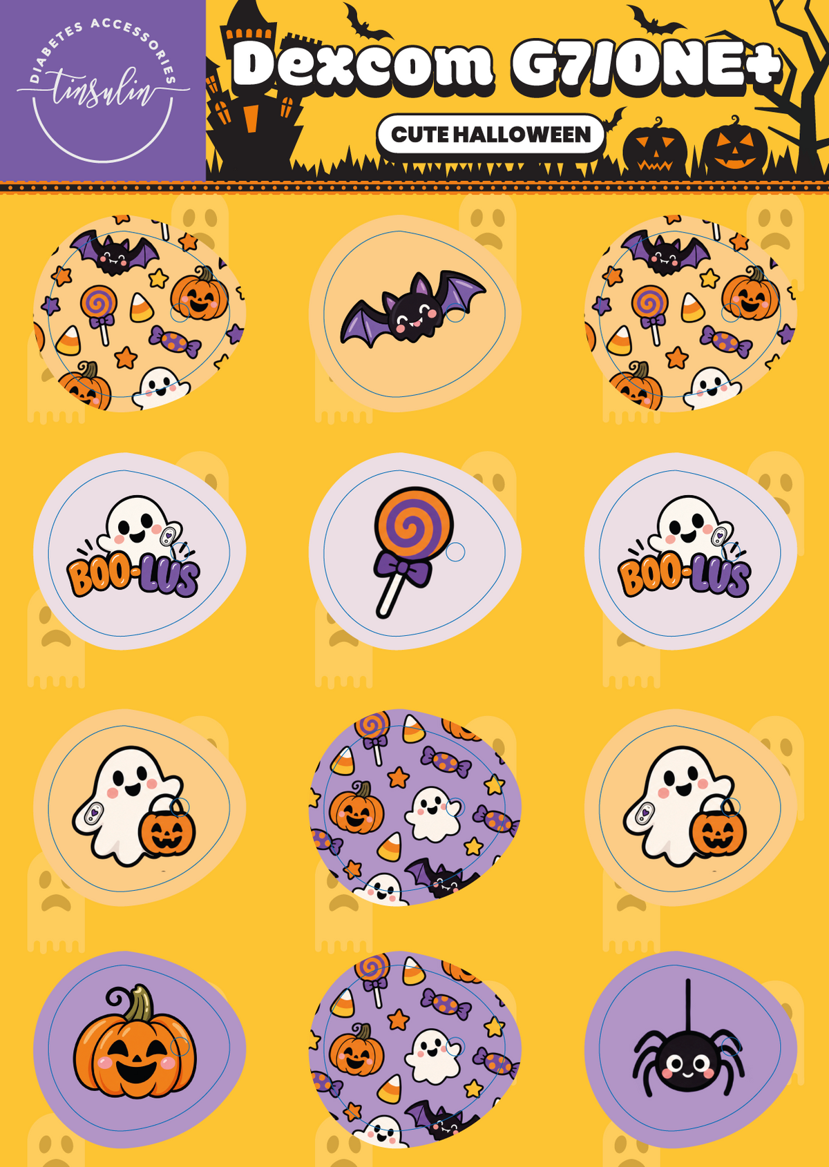 Autocollants pour capteurs Dexcom G7 / ONE+ – Adorable Halloween (12 autocollants)