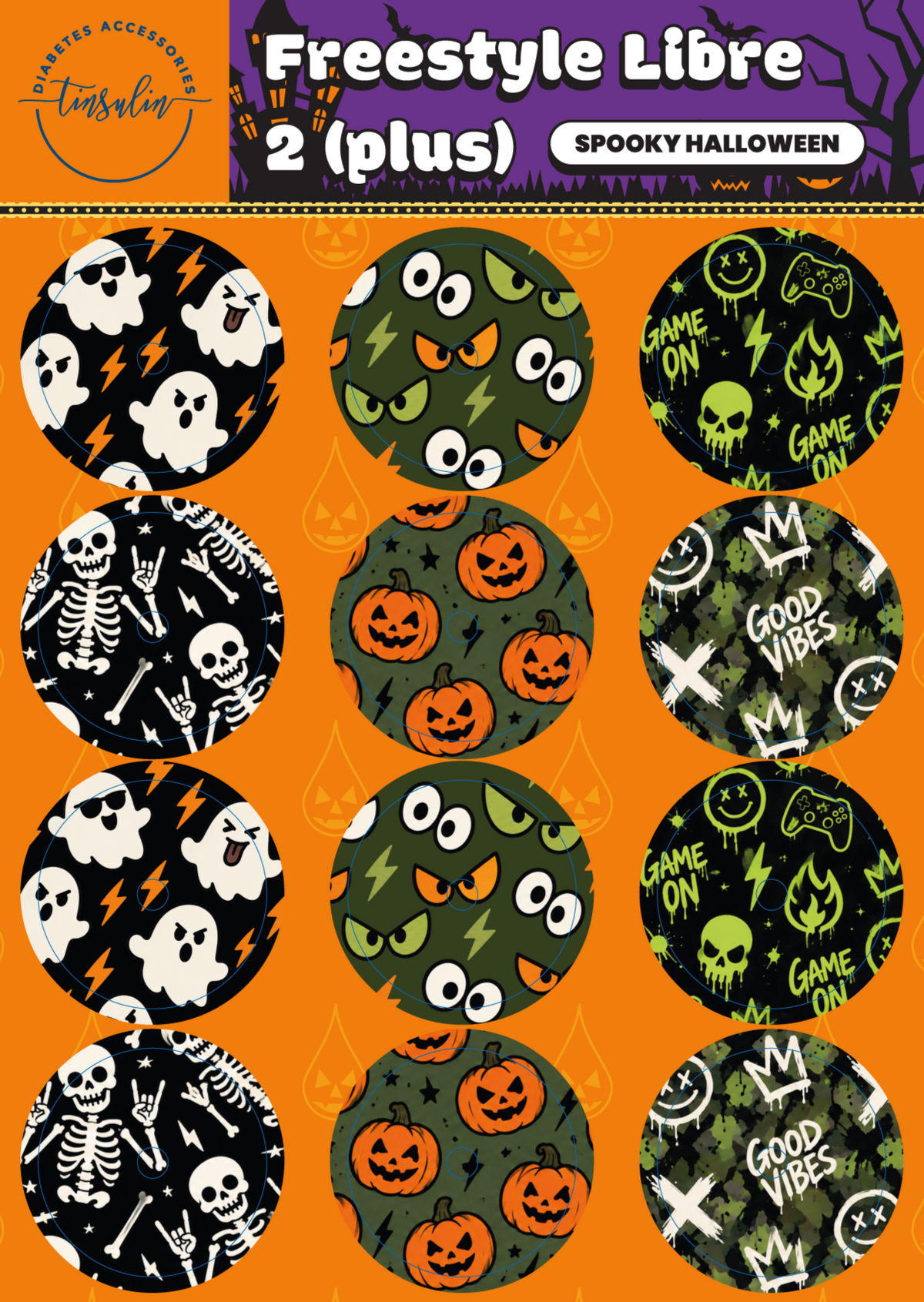Stickers pour capteur Freestyle Libre 2 / 2 Plus – Halloween effrayant (12 stickers)