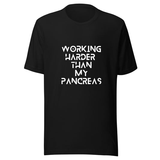 t-shirt noir unisexe 'travailler plus dur que mon pancréas'