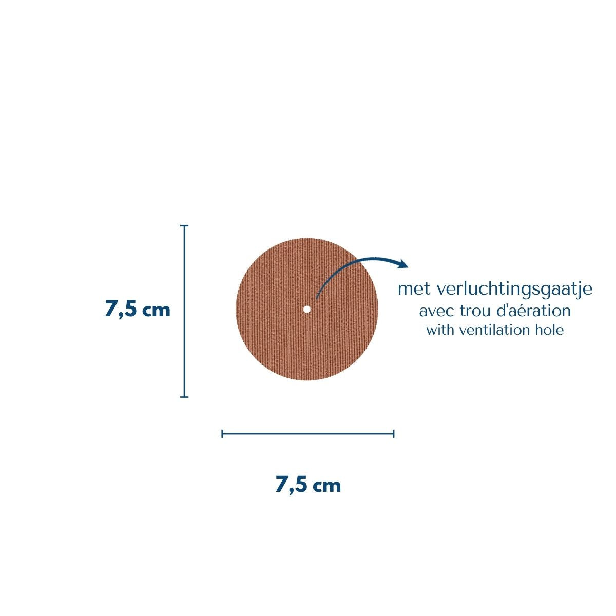 Afmetingen volle sensorpleister: 7,5 x 7,5 cm met verluchtingsgaatje